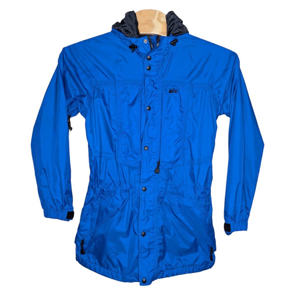 Vintage REI Elements Women's Royal Blue Rain Coat Sz Medium Hooded Full Zip Long